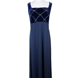 Betsy & Adam By Jaslene Navy Crepe & Velvet Sleeveless Gown Ribbon Accents 18W